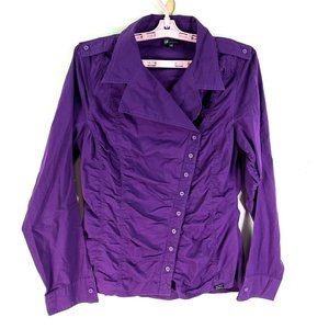 Sean John Ruched Off Set Button Top Womens Size L Purple Long Sleeve